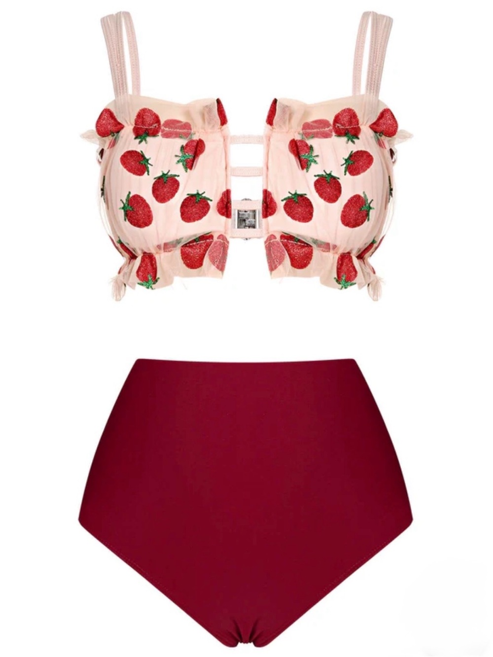 Retro Stage Strawberry Print Bustier Bikini Top & High Waist Bottom